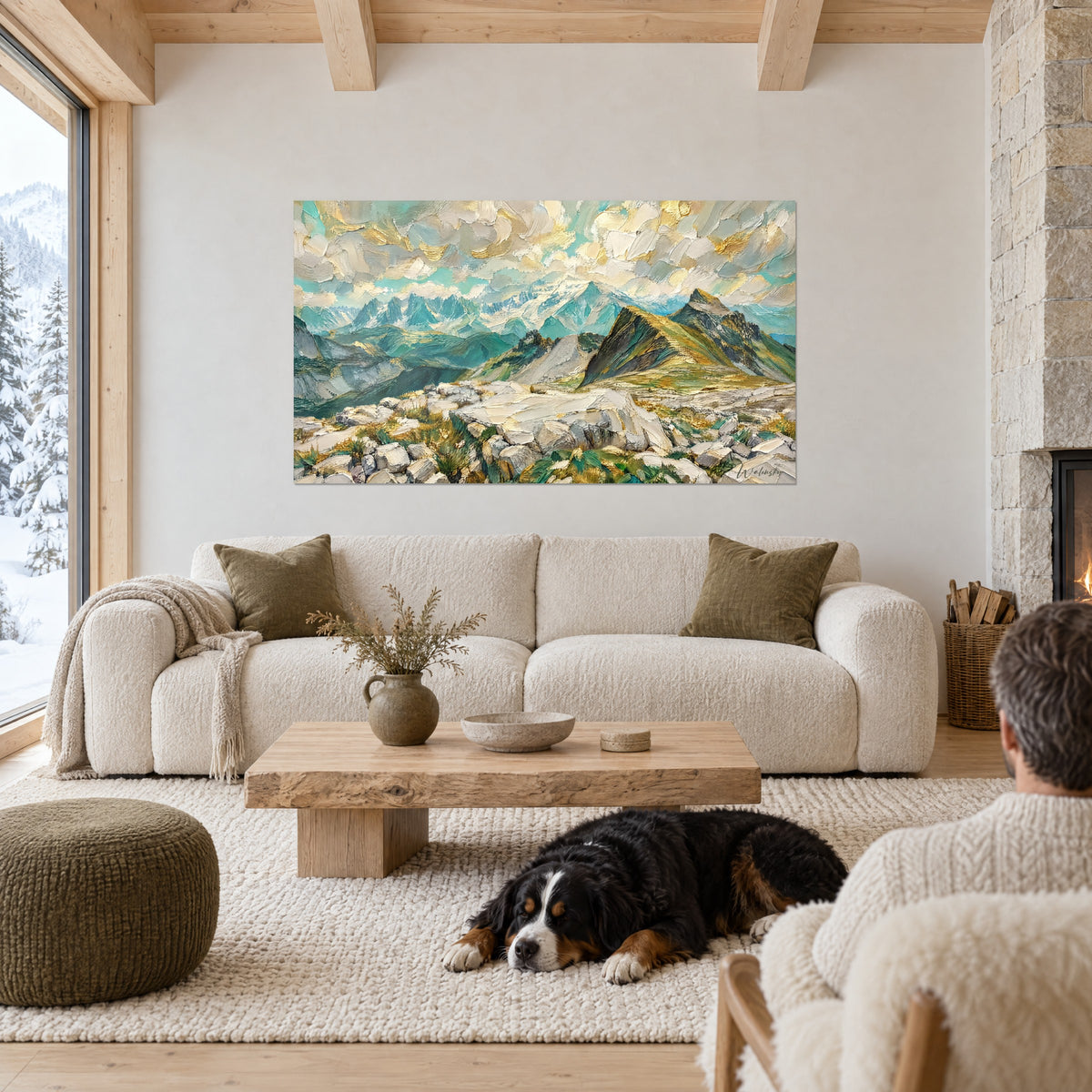 Sommets alpins dorés et turquoise peints en relief, accrochés au-dessus d'un lit dans une chambre claire