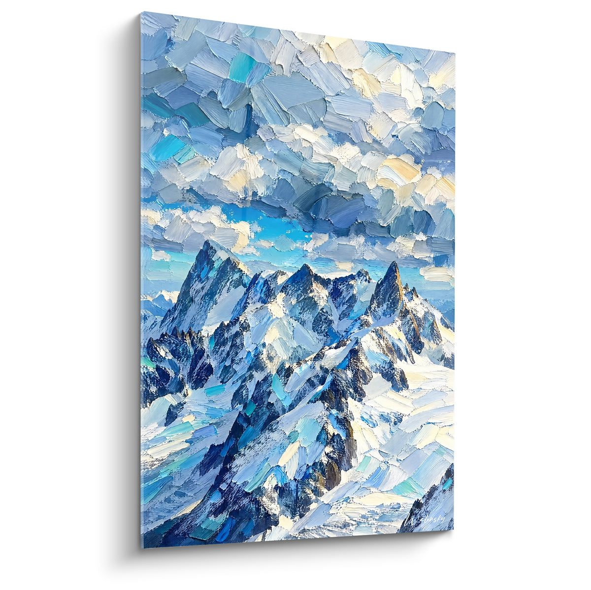 Cuadro del macizo del Mont Blanc en empastes azul marino y blanco, cumbres que perforan un mar de nubes