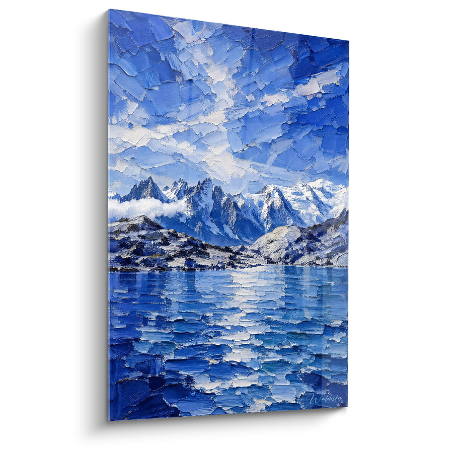Tableau Aiguilles rocheuses bleu et blanc au lac texturé - Empâtements au couteau - Edition Mont Blanc  Auvergne-Rhône-Alpes France