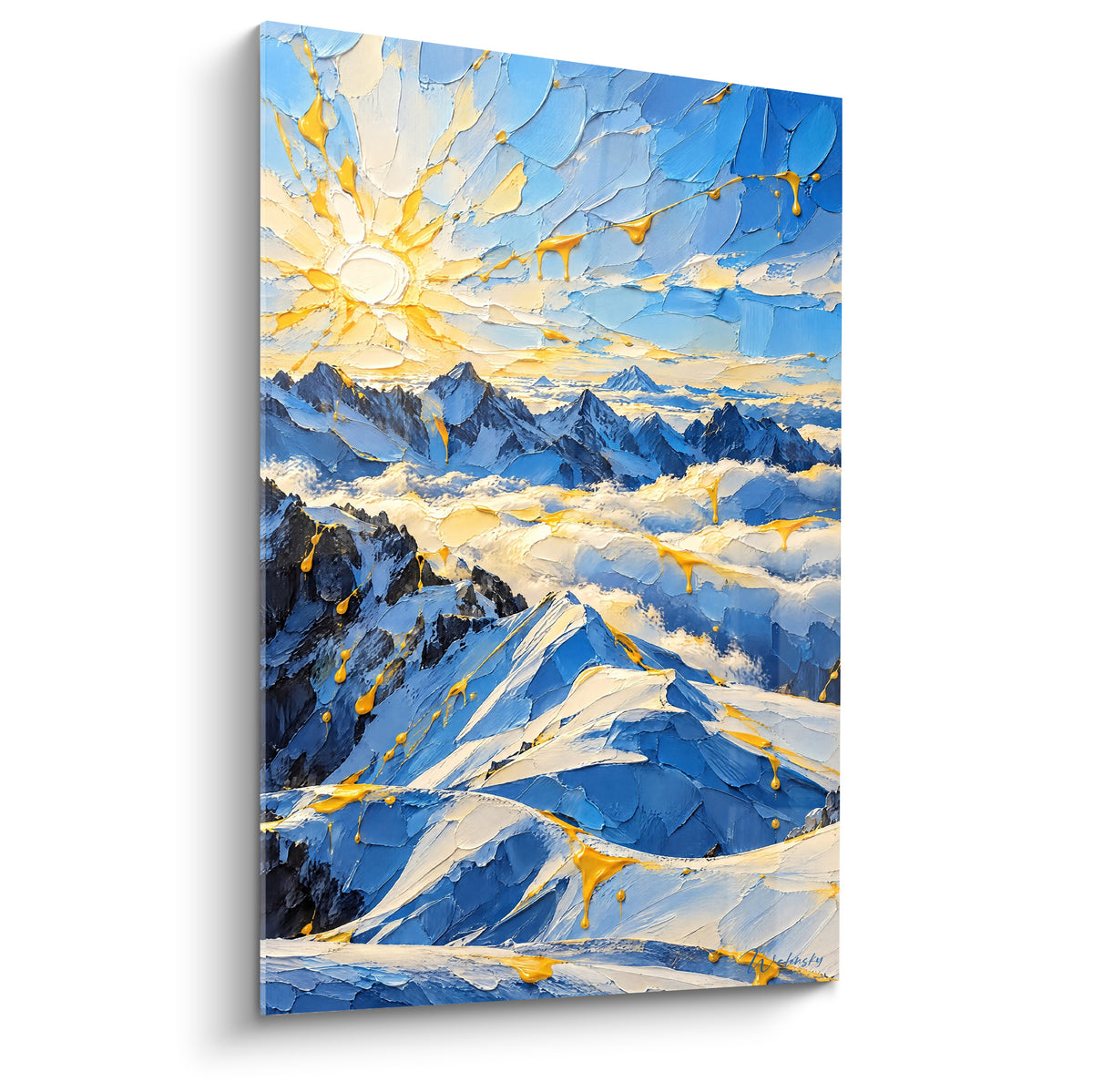Wall art Mont Blanc with glacier blue peaks and golden drips, bright sun painted with a palette knife
