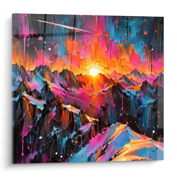Tableau Massif montagneux rose et bleu électrique - Embrasement des cimes - Edition Mont Blanc  Auvergne-Rhône-Alpes France