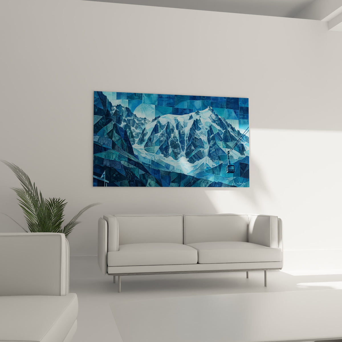 Sommets enneigés en bleu ardoise et blanc glacier, composition en mosaïque, au-dessus d'un canapé dans un salon lumineux