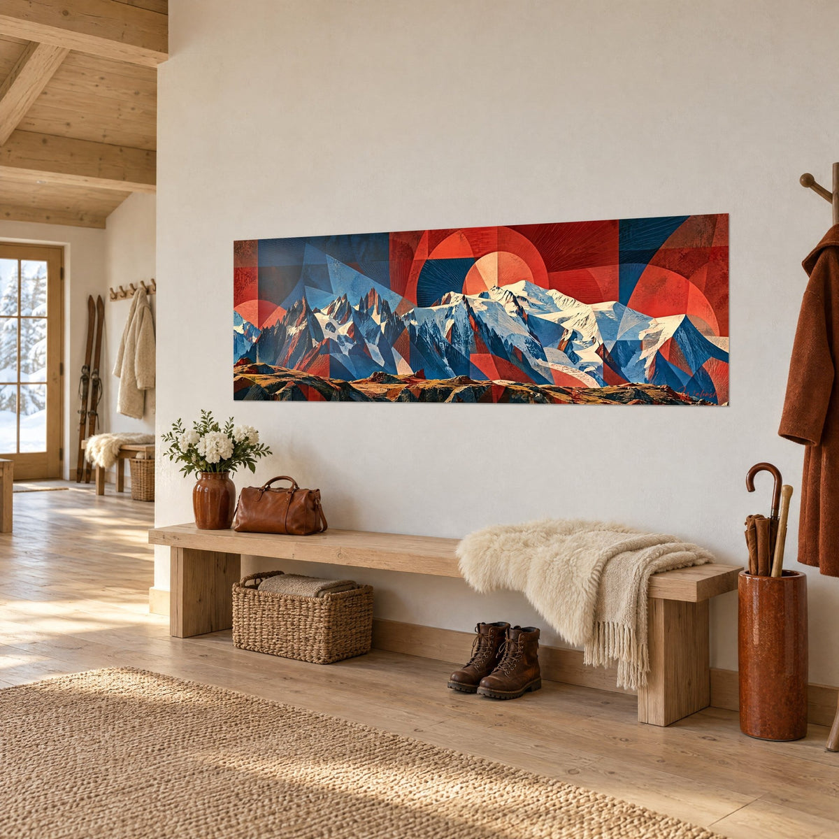 Wall art chain of icy peaks in geometric blue and brick red blocks, light wooden bench, three-quarter view in the chalet