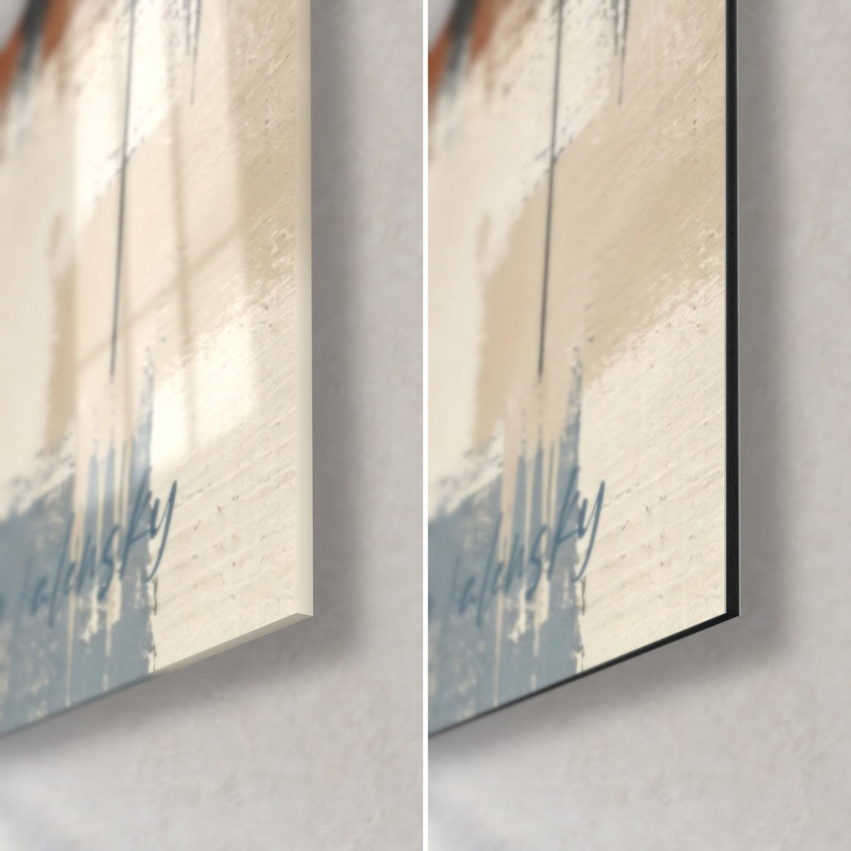 Wall art of snowy peaks in slate blue and ochre, glossy glass corner at bottom right on the left, matte Dibond aluminium on the right, 3 mm edge thickness