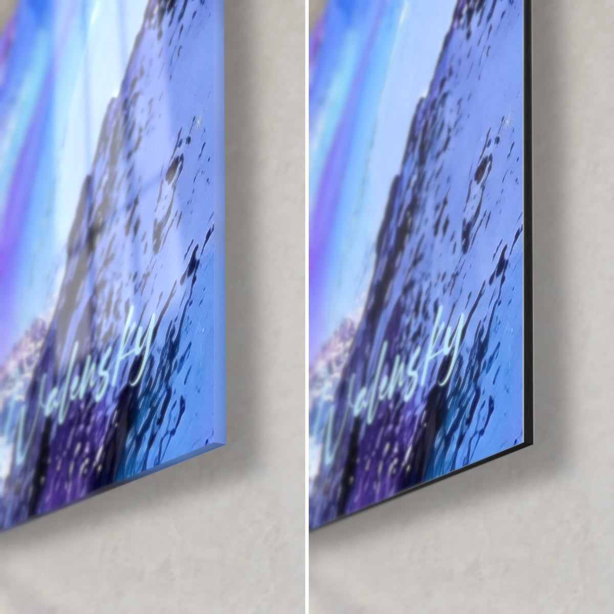 Wall art with a massive snowy mountain in blue and purple, bottom right corner: glossy acrylic glass on the left, matte black Dibond on the right