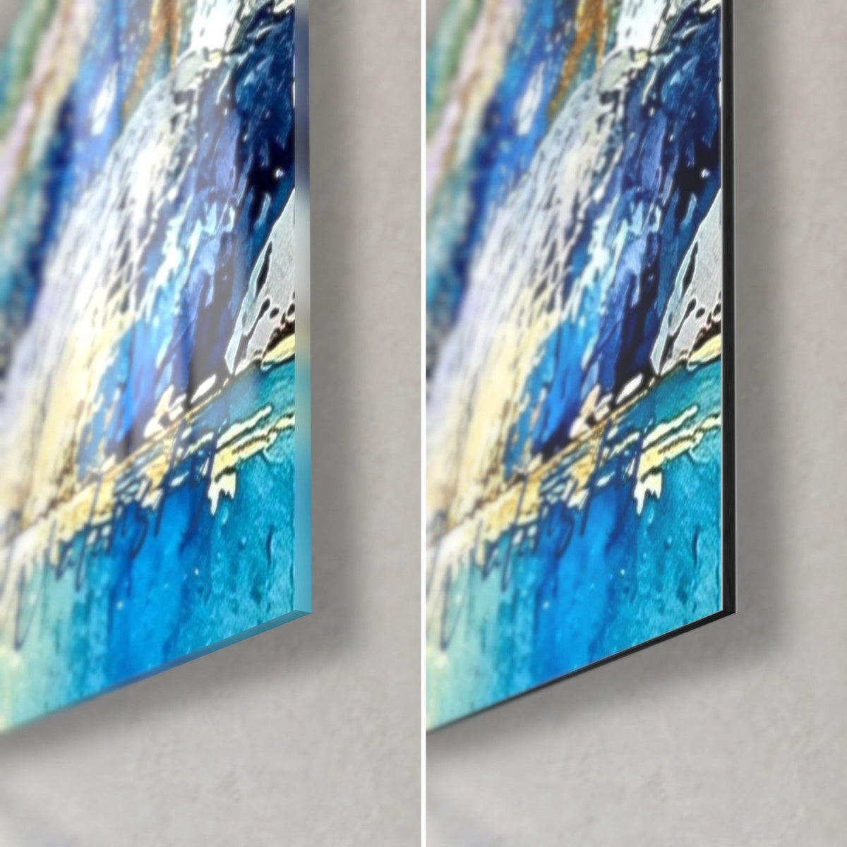 Wall art snowy peaks in cobalt blue and golden touches, bottom right corner, glossy glass on the left, matte Dibond and edge on the right