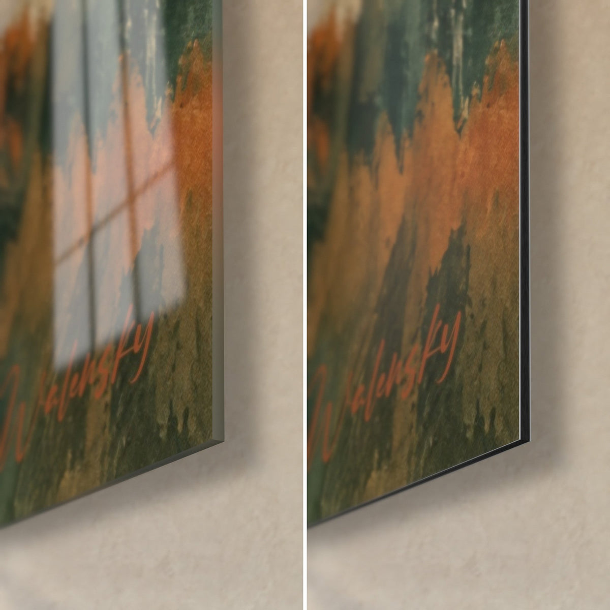 Gemälde Berglandschaft in Malerei, untere rechte Ecke: dunkelgrüner und orangefarbener Wald, glänzendes Glas links, matt Dibond rechts