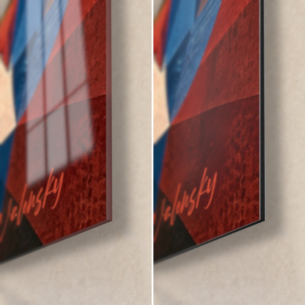 Cuadro de cumbres nevadas rojas y azules, esquina inferior derecha en cristal acrílico brillante a la izquierda, aluminio Dibond mate a la derecha, canto de 3 mm
