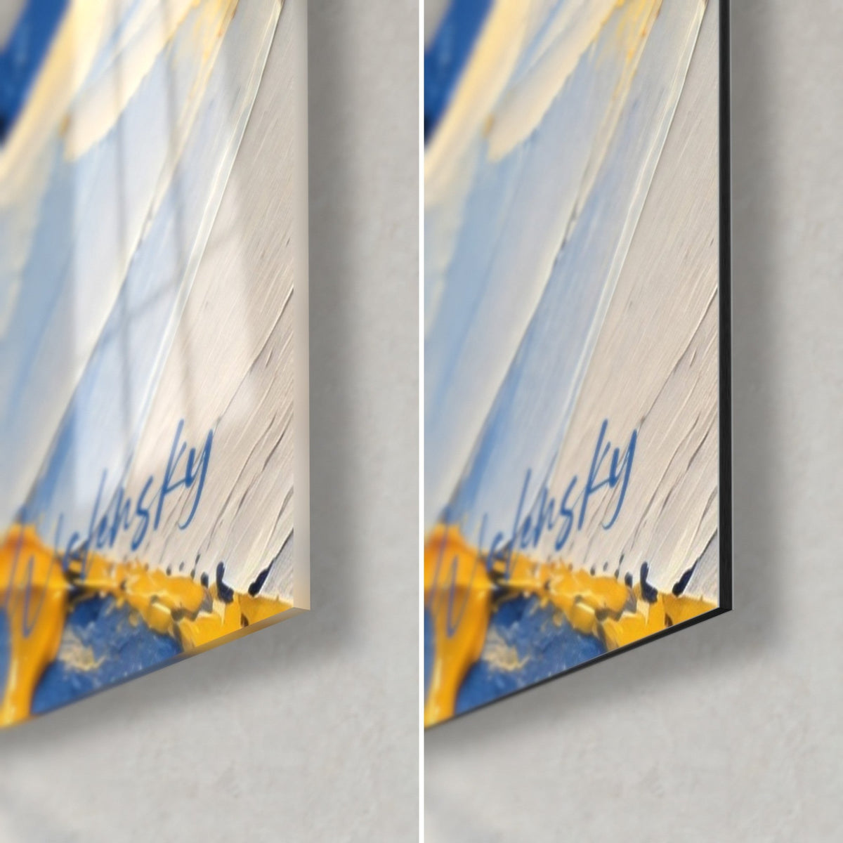 Wall art palette-knife snowy peaks, lower right corner: golden drip and blue signature, glossy glass and matte Dibond