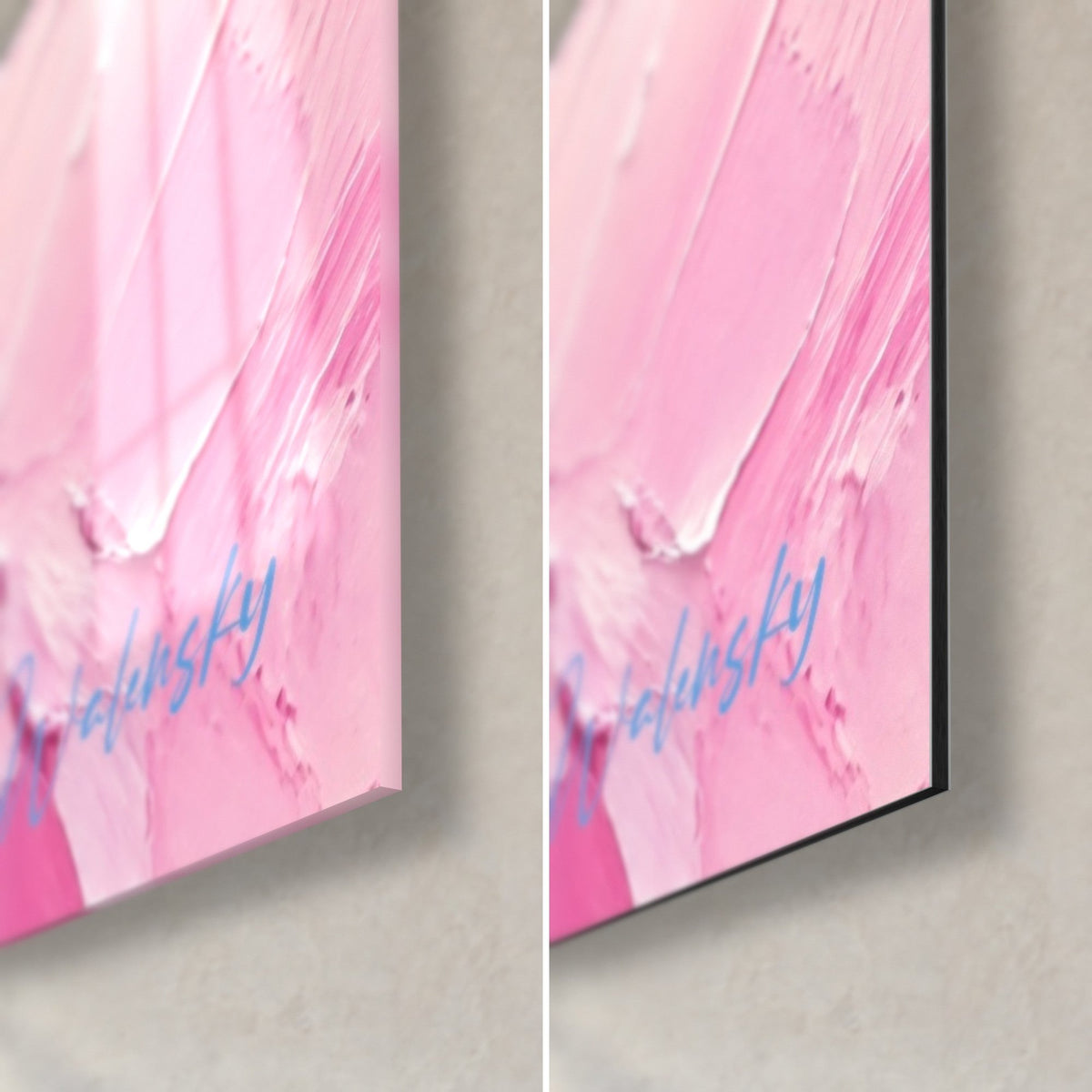 Gemälde mit verschneiten Gipfeln in dicker rosa und blauer Pinselführung, untere rechte Ecke: glänzendes Glas links, matte Dibond-Aluminium rechts, 3 mm Kante