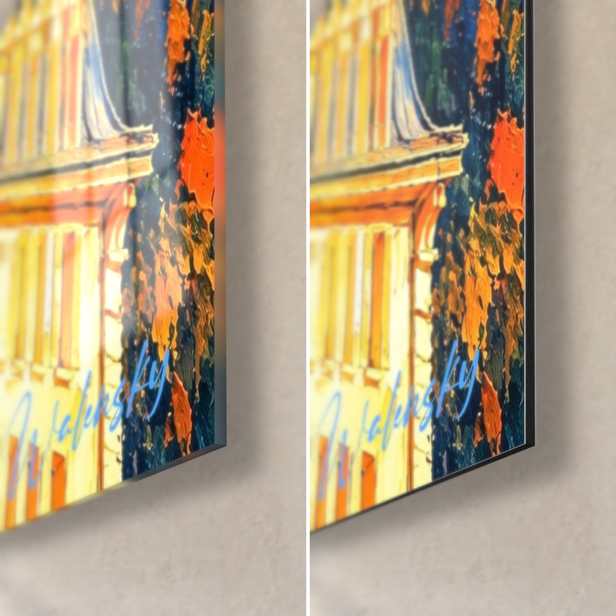 Gemälde alpine Nadel mit orangefarbenen Lärchen, untere rechte Ecke: blaue Laufspuren auf gelber Fassade, 3 mm Kante, glänzendes Glas und mattes Dibond
