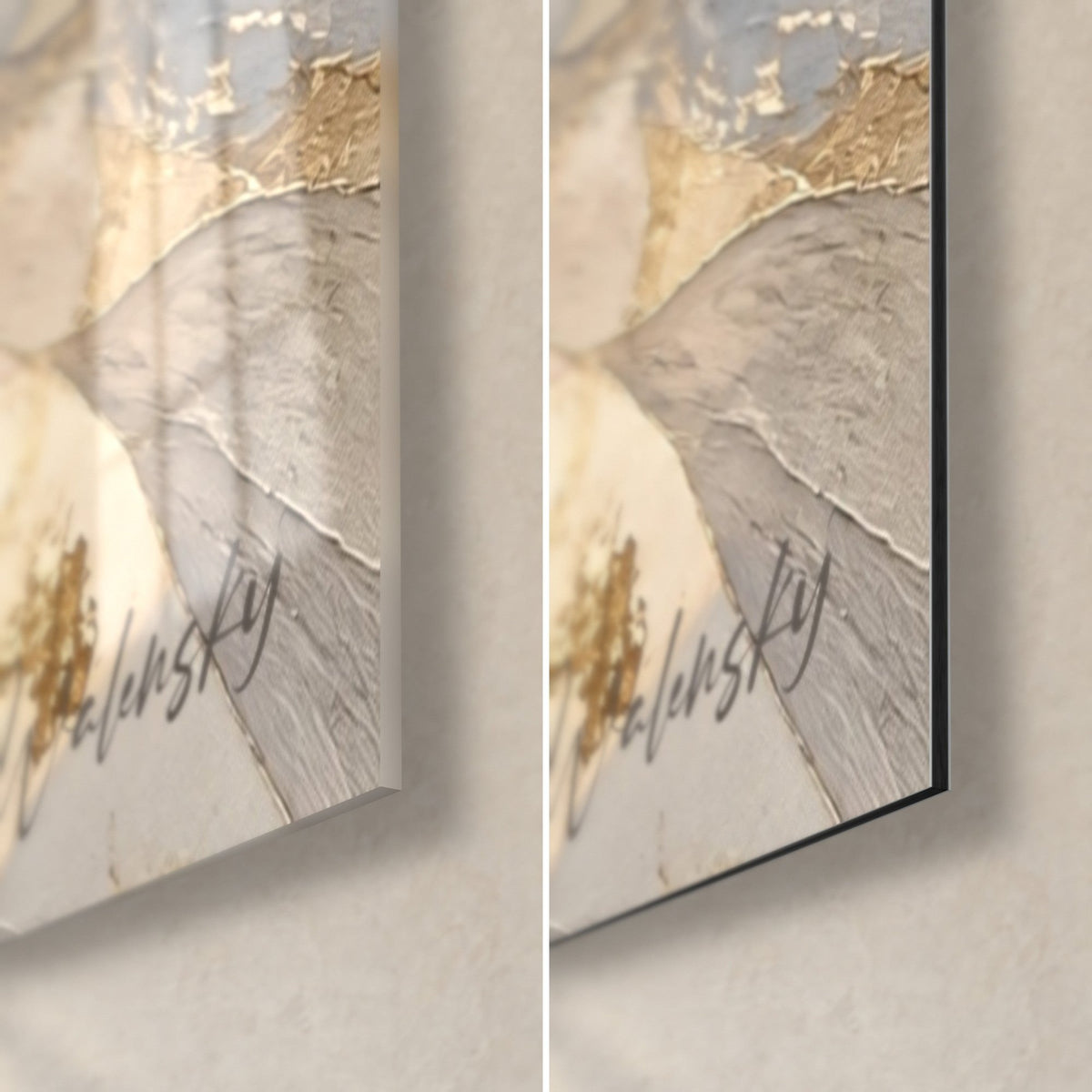 Gemälde massives verschneites Gebirge, untere rechte Ecke: glänzendes Acrylglas und matt cremefarbenes Alu-Dibond, goldene Signatur, 3 mm Stärke