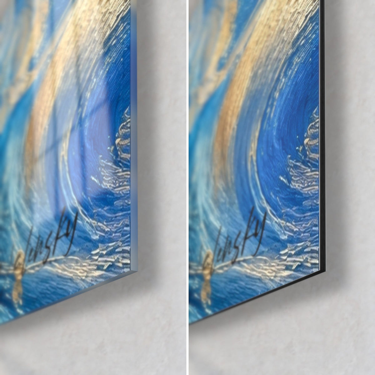 Gemälde eines wirbelnden Alpensees, untere rechte Ecke: glänzendes Acrylglas links, mattes Dibond rechts, Blau und Gold, 3 mm Kante