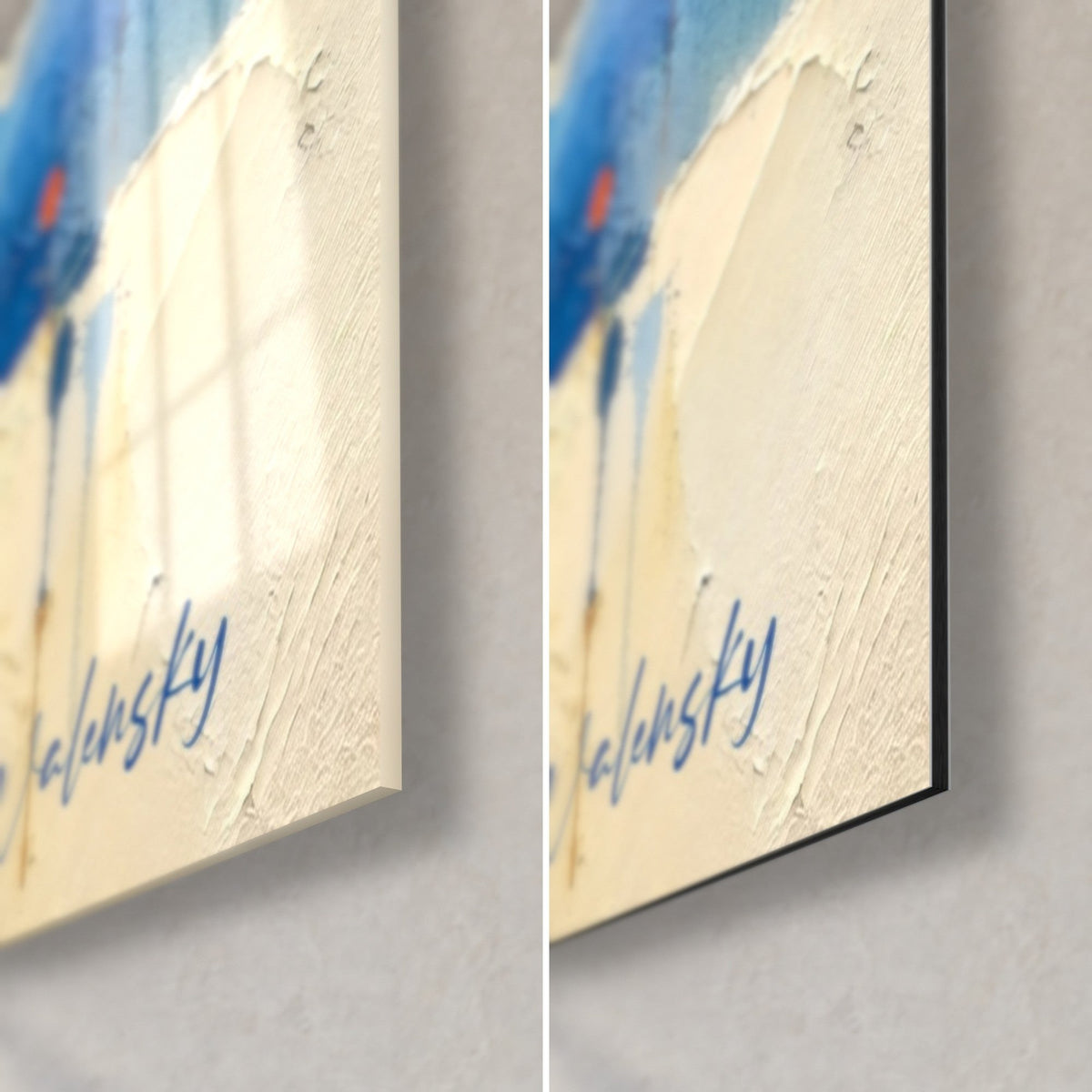 Wall art mountain ridges in cream and blue thick brushstrokes, bottom right corner, glossy glass on the left, matte Dibond on the right