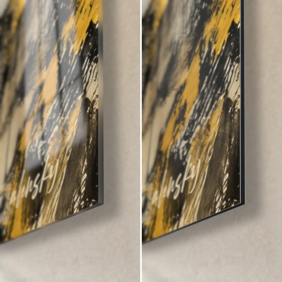 Cuadro crestas alpinas amarillo azafrán y negro, esquina inferior derecha: cristal acrílico brillante a la izquierda, aluminio Dibond mate a la derecha, canto de 3 mm