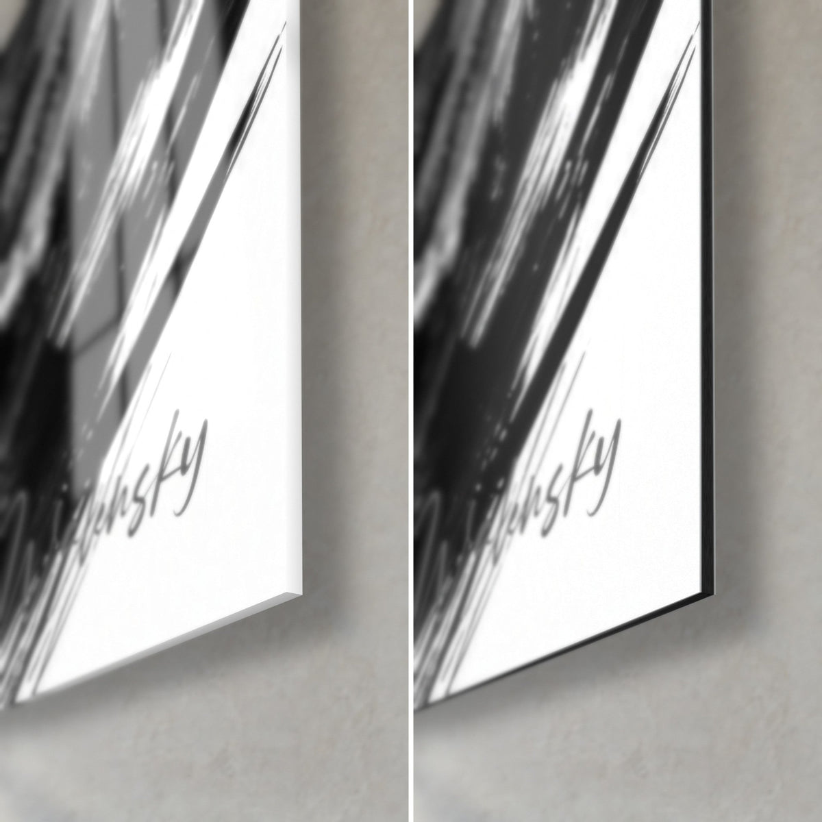 Schilderij alpien bergmassief in zwart-wit, rechtsonder: glanzend acrylglas links, mat Dibond-aluminium rechts, rand van 3 mm