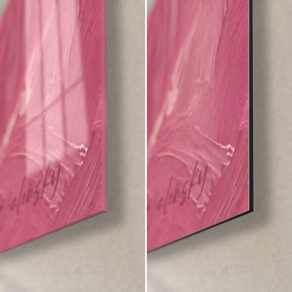 Quadro picco roccioso rosa, angolo in basso a destra: vetro lucido a sinistra, alluminio Dibond opaco a destra, firma Walensky, spessore 3 mm