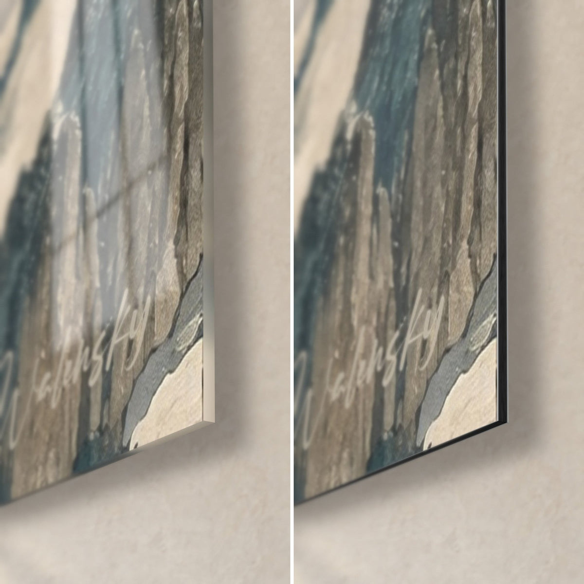 Wall art snowy summits painted on silk, bottom right corner: glossy acrylic glass on the left, matte black Dibond aluminium on the right