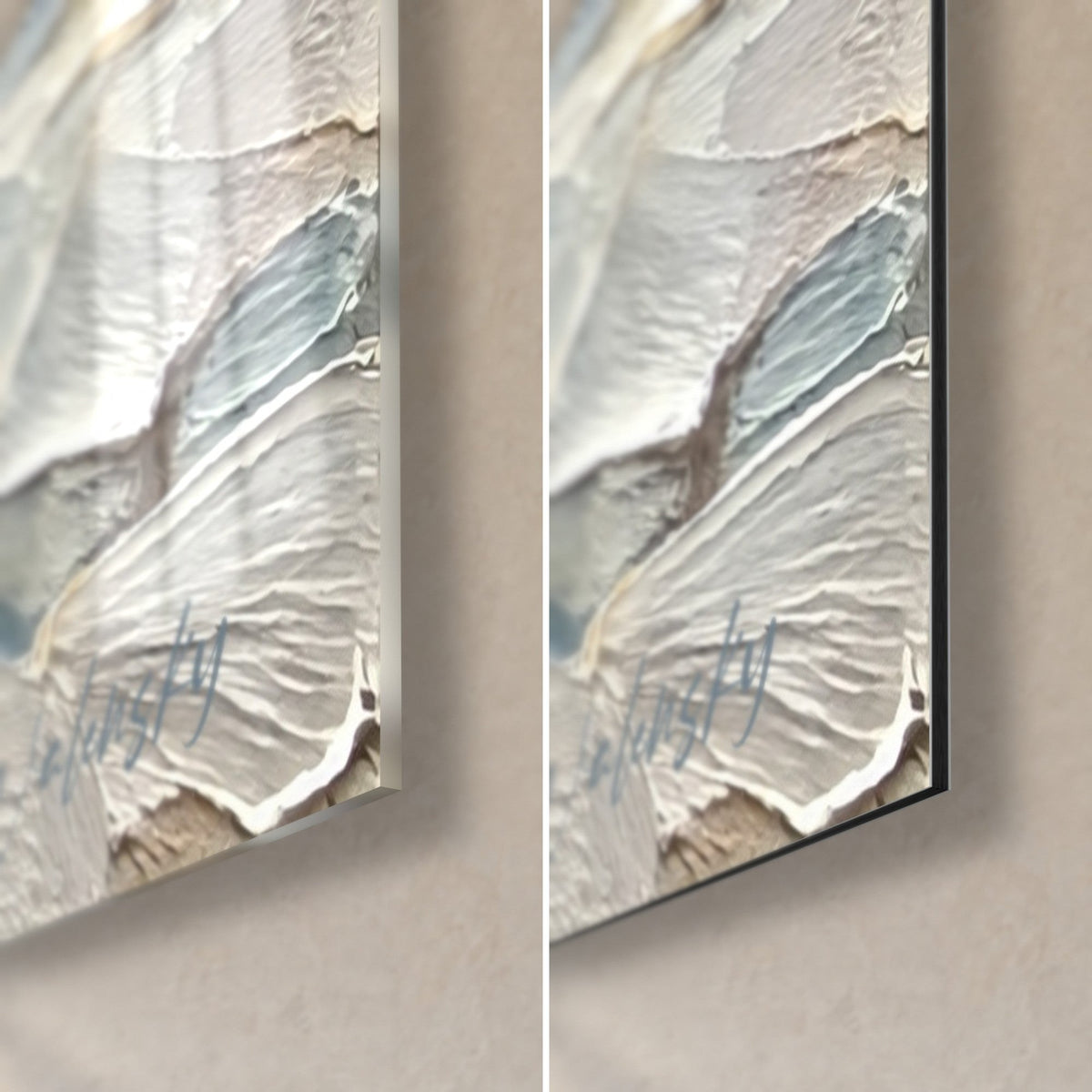 Cuadro de alpinistas en un glaciar, esquina inferior derecha: cristal brillante a la izquierda, Dibond negro mate a la derecha, pasta blanca y gris en relieve