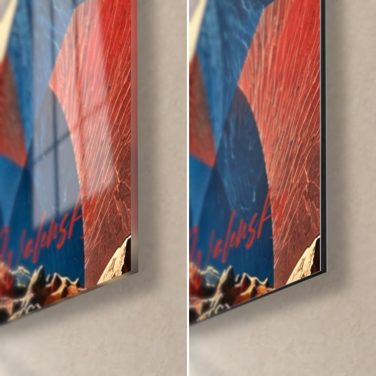 Wall art geometric snowy peaks in blue and red, bottom right corner, glossy acrylic glass on the left, matte Dibond on the right