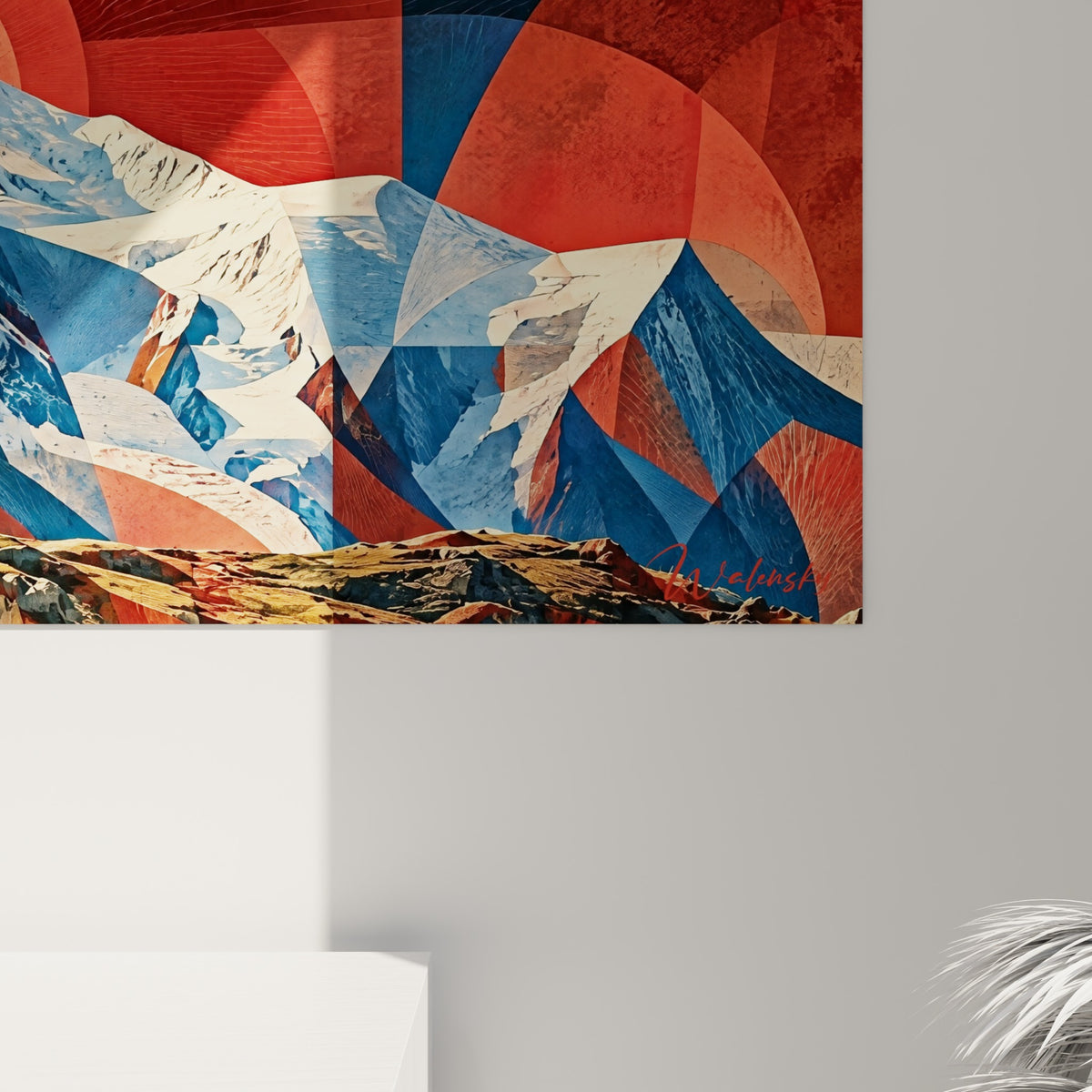 Détail des textures peintes montrant le grain du rouge brique et les arêtes nettes du bleu marine sur les reliefs enneigés