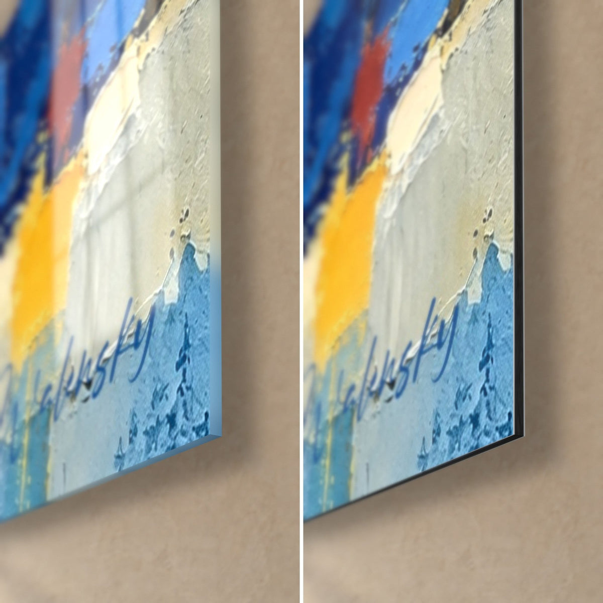 Wall art massive mountain range in azure blue and cream impasto, bottom right corner, glossy glass on the left, matte Dibond on the right