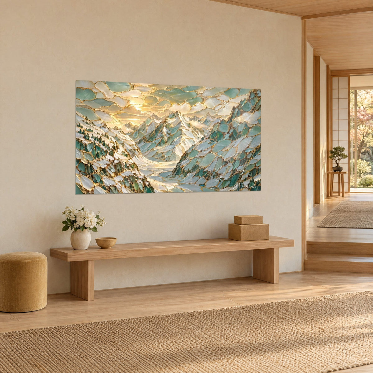 Cuadro de macizo alpino en mosaico de vidrio menta y oro pálido, cielo dorado, colgado en una pared beige sobre un banco de madera