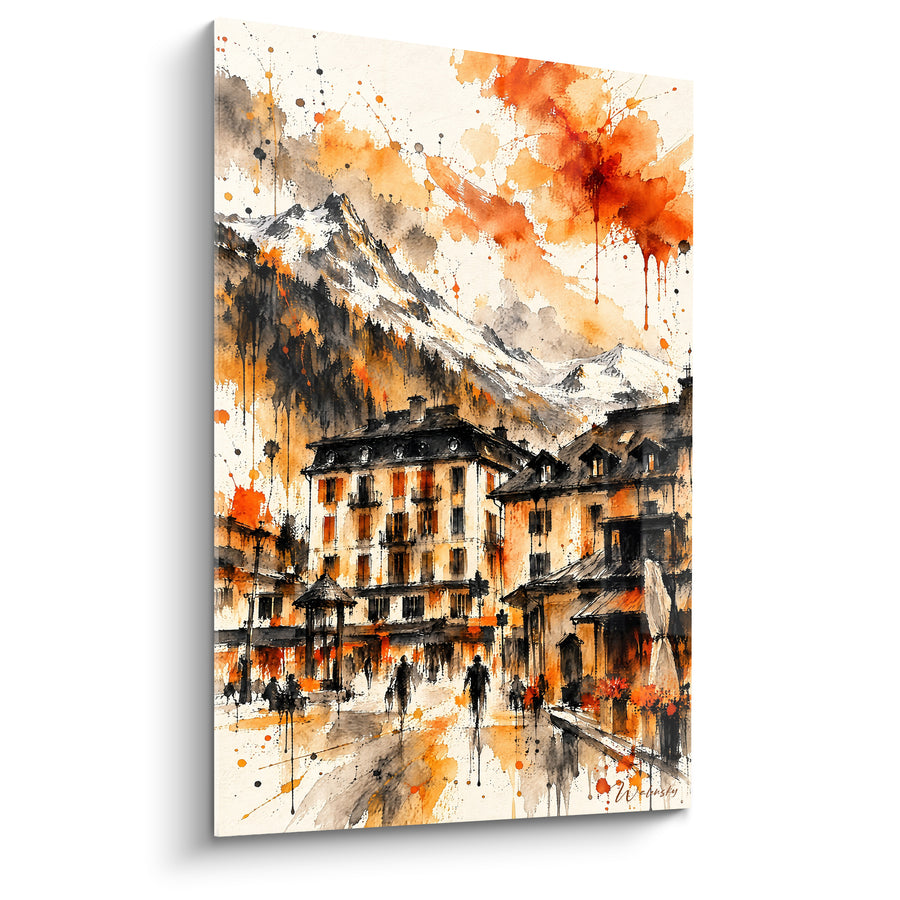 Tableau Village alpin orange et noir aquarelle - Flânerie d'automne - Edition Mont Blanc  Auvergne-Rhône-Alpes France