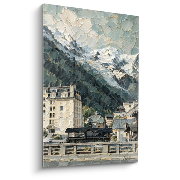Mountain Village Painting with White Facades and Spruce Green - Morning at Altitude - Mont Blanc Edition Auvergne-Rhône-Alpes France