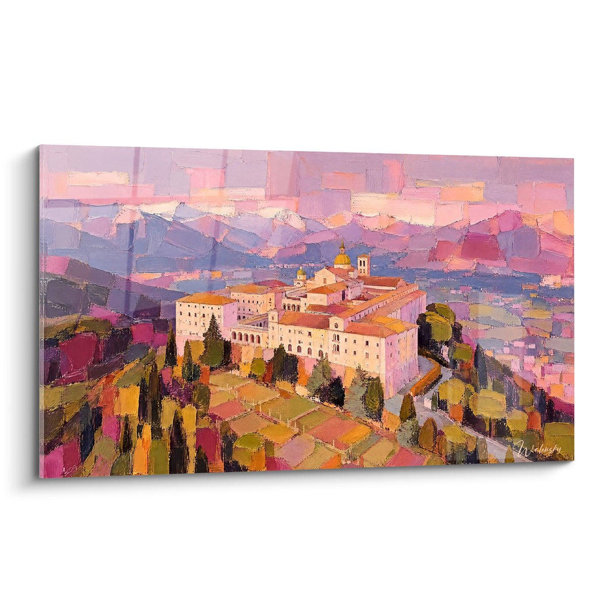 Tableau abbaye du Mont Cassin aux teintes roses et violettes, colline toscane en touches épaisses