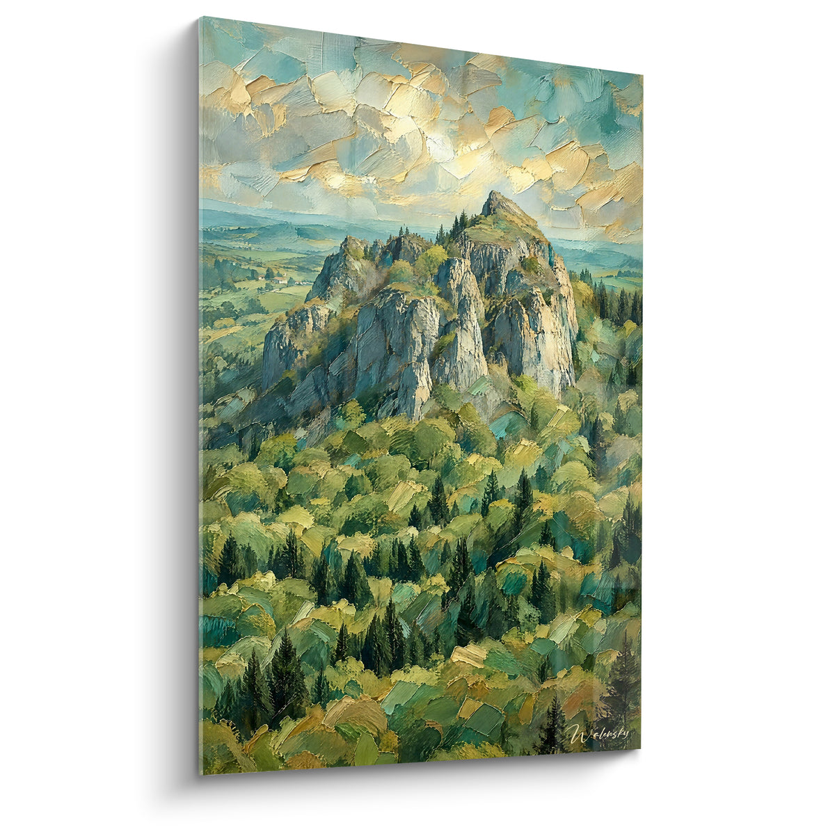Tableau pic rocheux gris et vert dominant une forêt dense, ciel doré traité à touches empâtées épaisses