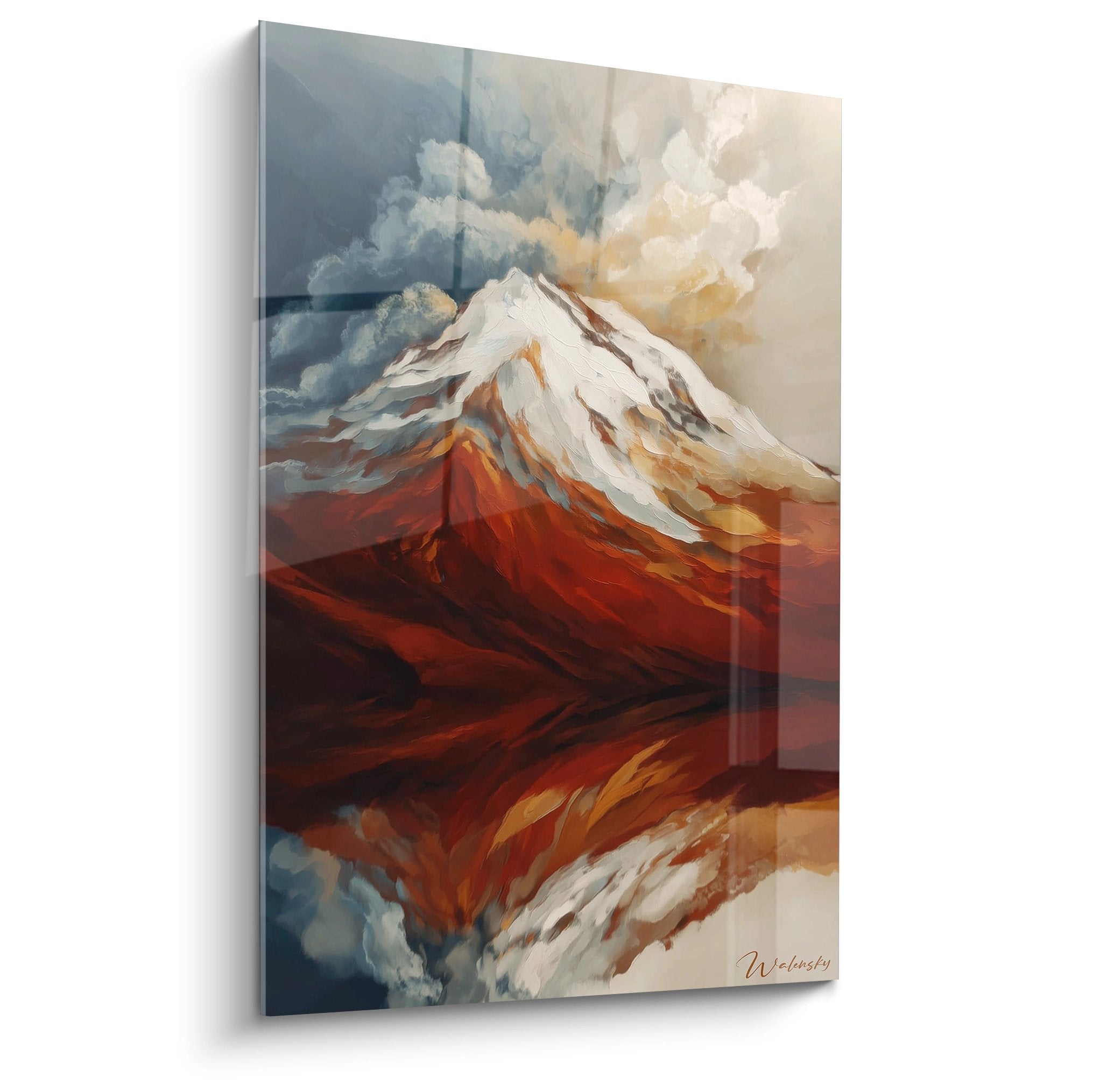 Tableau mural mont enneigé abstrait aux couleurs chaudes et froides, peinture montagne moderne décorative