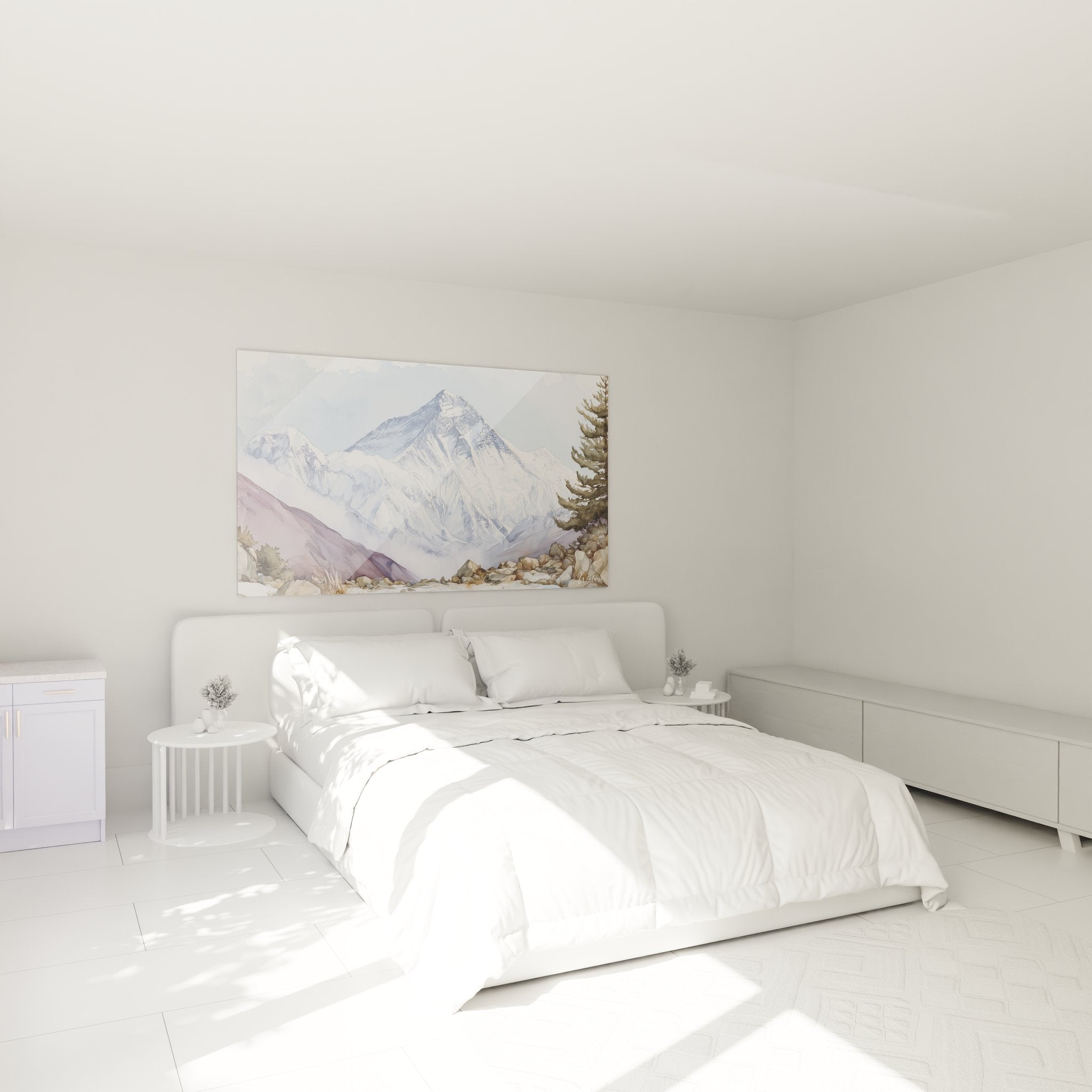 Ambiance chambre tableau mont everest aquarelle decoration murale montagne art alpin walensky
