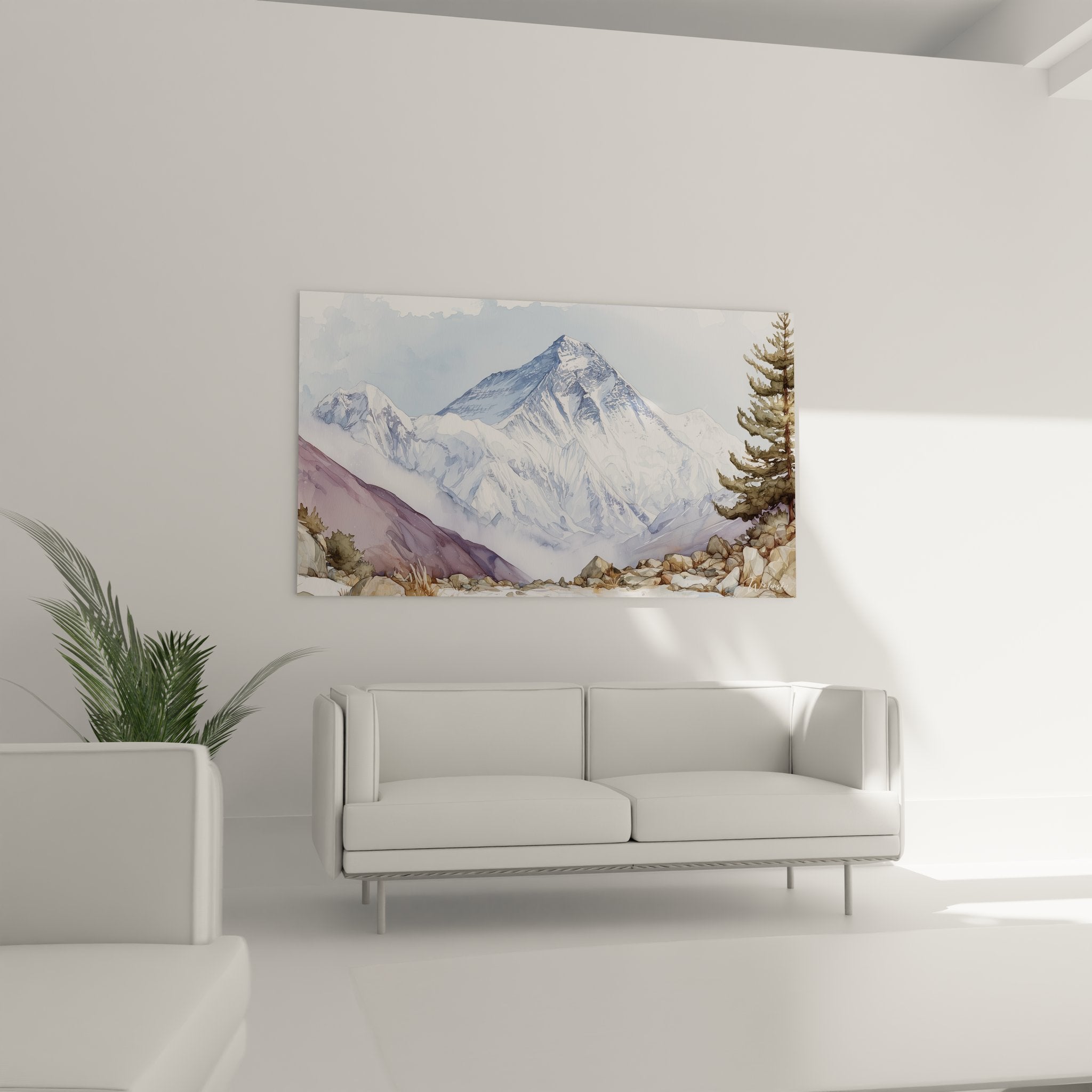 Gros plan tableau mont everest aquarelle details peinture montagne himalaya art mural walensky
