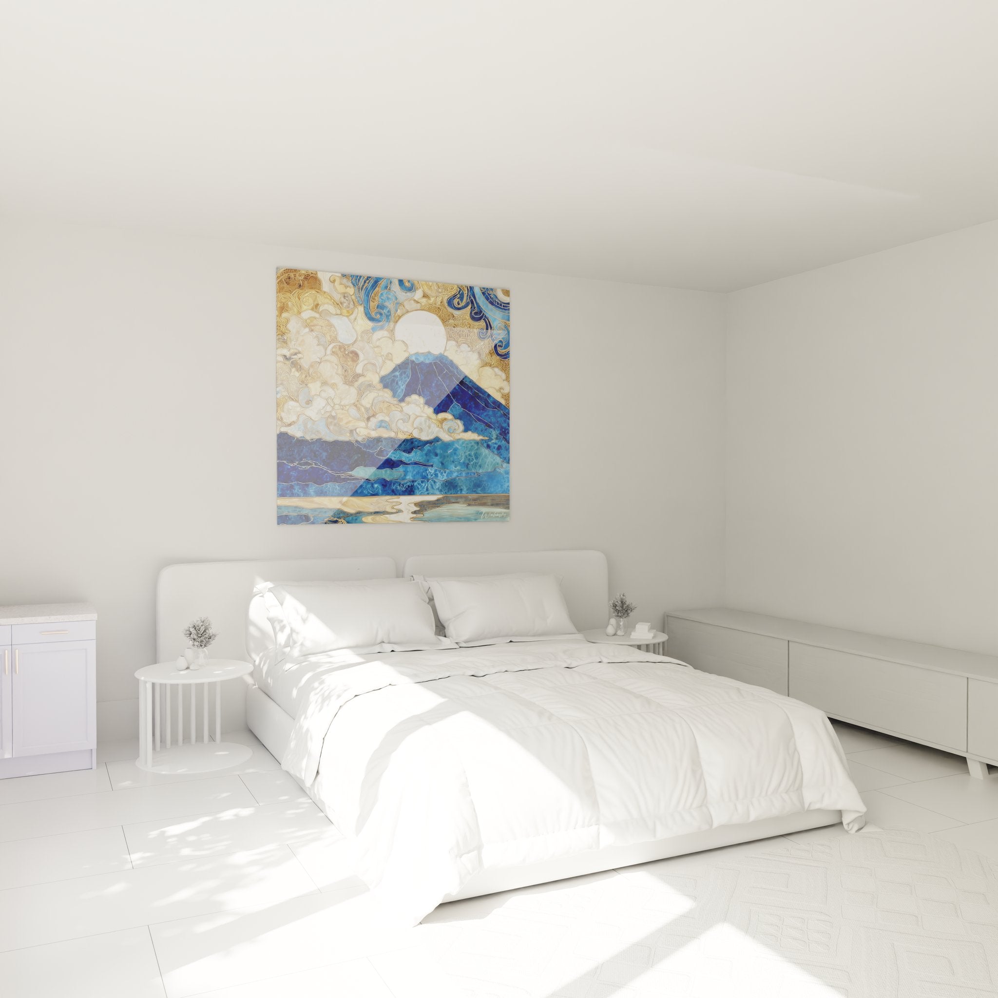 Décoration chambre avec tableau Mont Fuji bleu et or, ambiance zen et apaisante