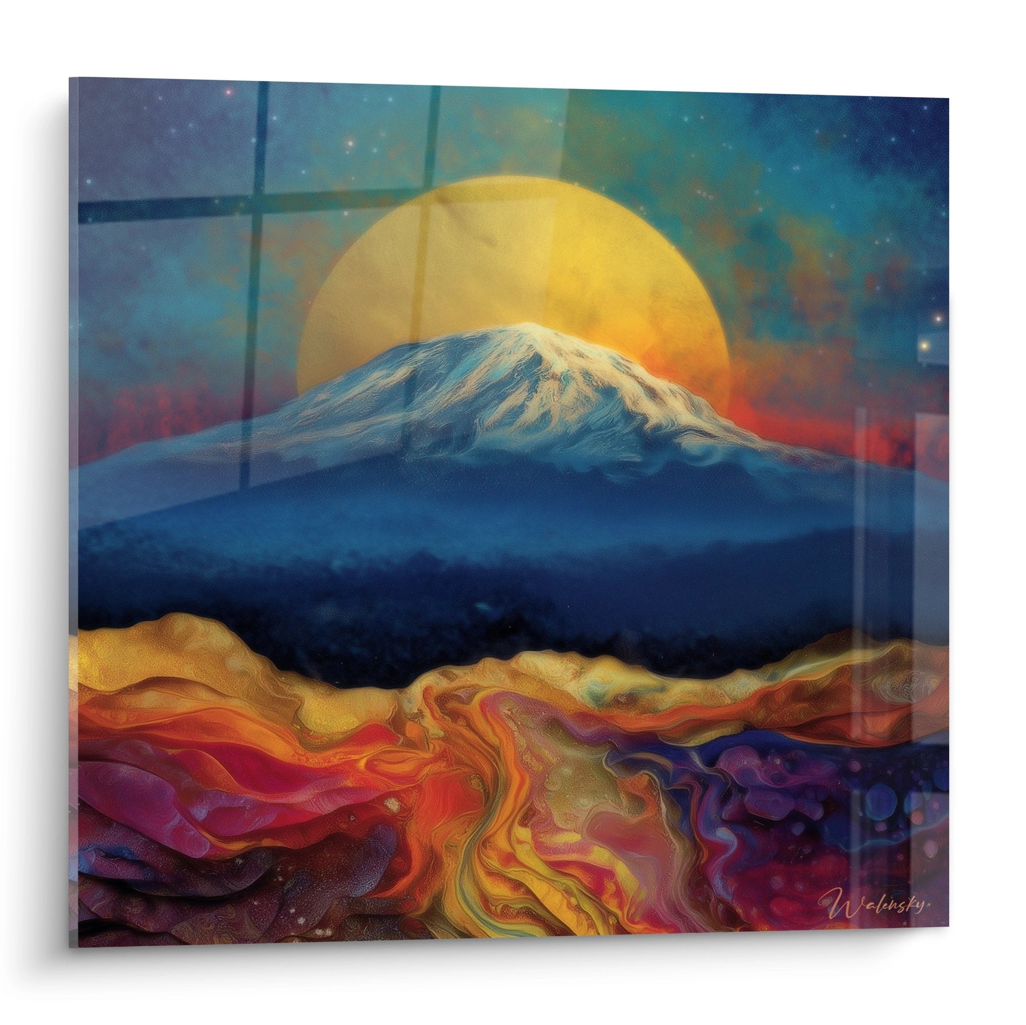 Tableau mural Mont Fuji avec soleil doré et effets cosmiques colorés, art montagne contemporain