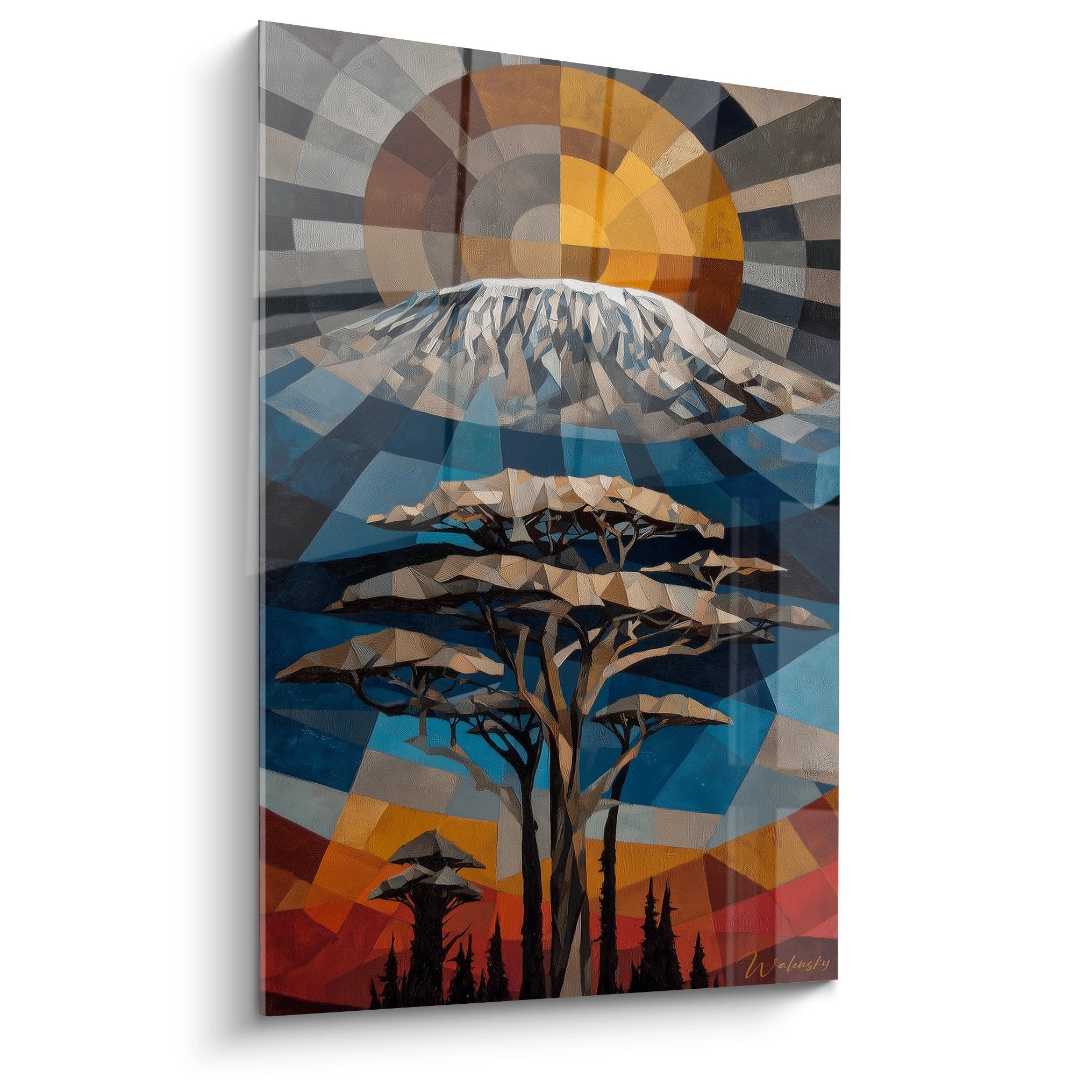 Tableau mural mont Kilimandjaro géométrique avec baobab et soleil rayonnant style polygonal art africain