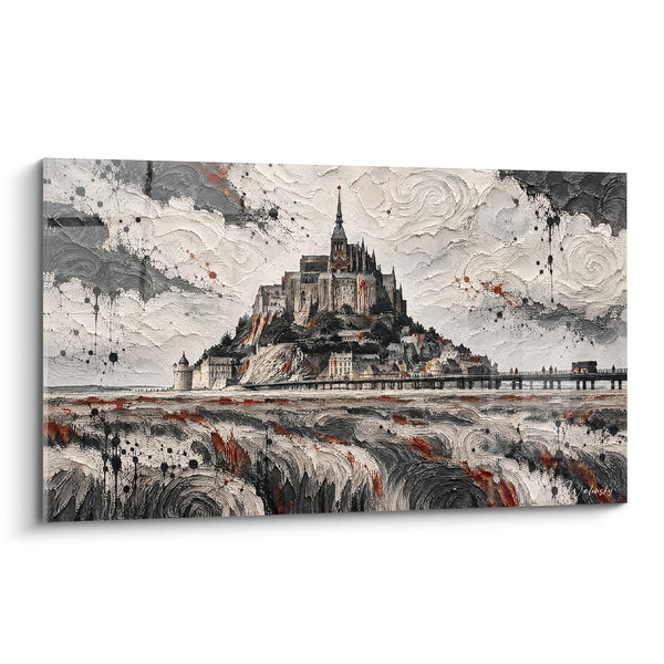 Tableau Abbaye grise et ocre aux volutes tourbillonnantes - Îlot sacré - Edition Le Mont-Saint-Michel  Normandie  France