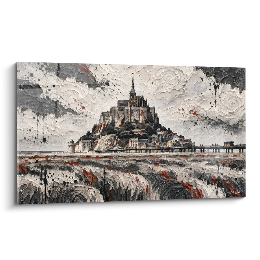 Schilderij Abdij grijs en oker met wervelende krullen - Heilig eiland - Editie Mont-Saint-Michel Normandische Normandie Frankrijk