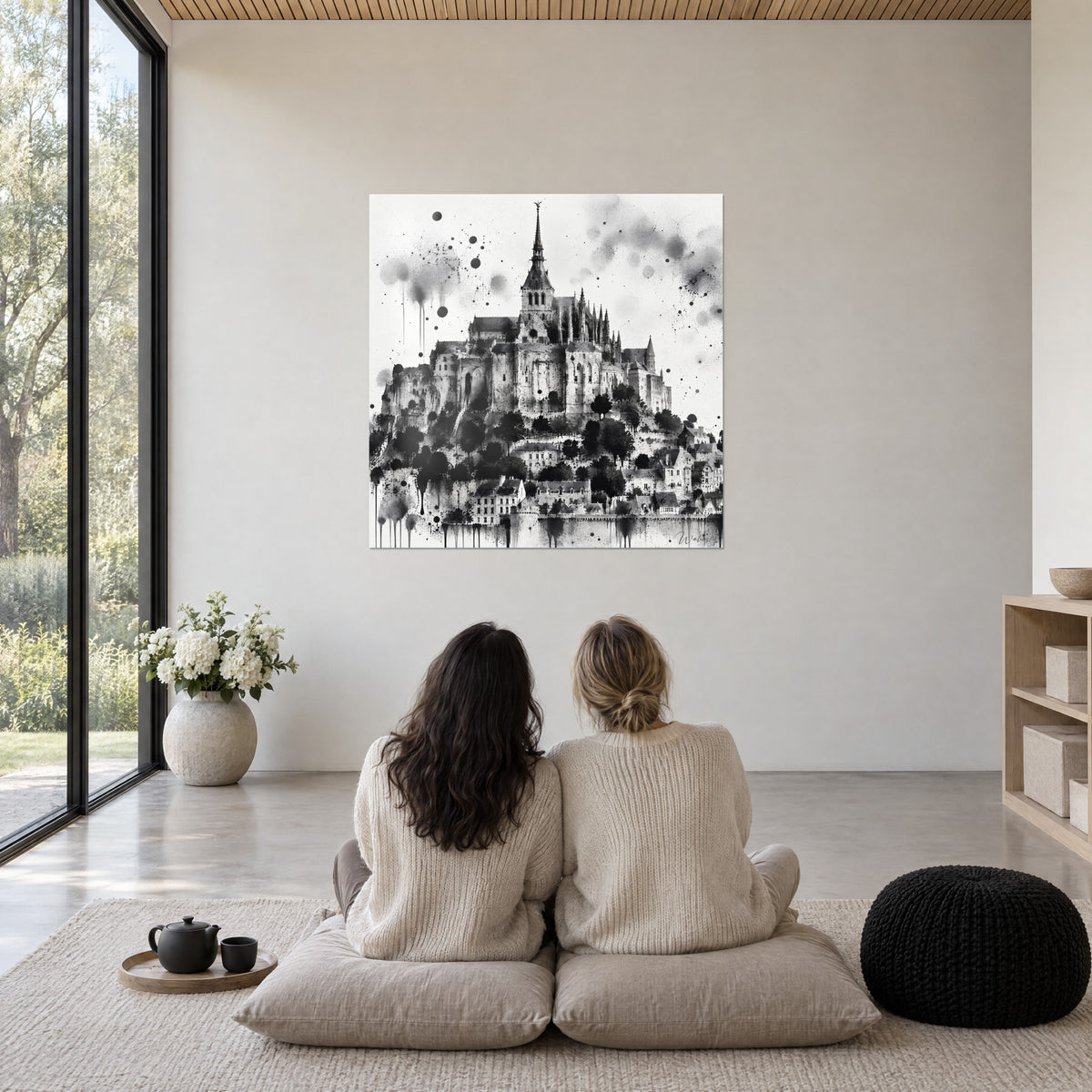Schilderij heiligdom op zijn eilandje, gotische bogen in zwarte en witte inkt, spatten, twee vrouwen van achteren in een beglaasde ruimte