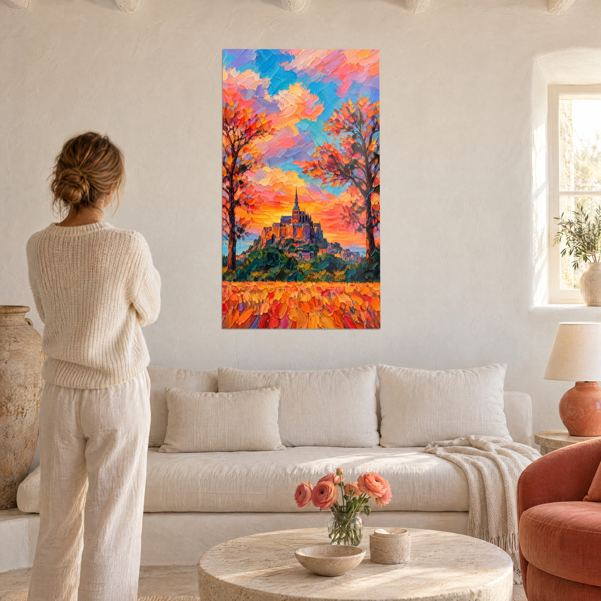 Quadro abbazia irta di guglie sotto un cielo rosa e turchese, alberi arancioni, sopra un divano in un soggiorno luminoso
