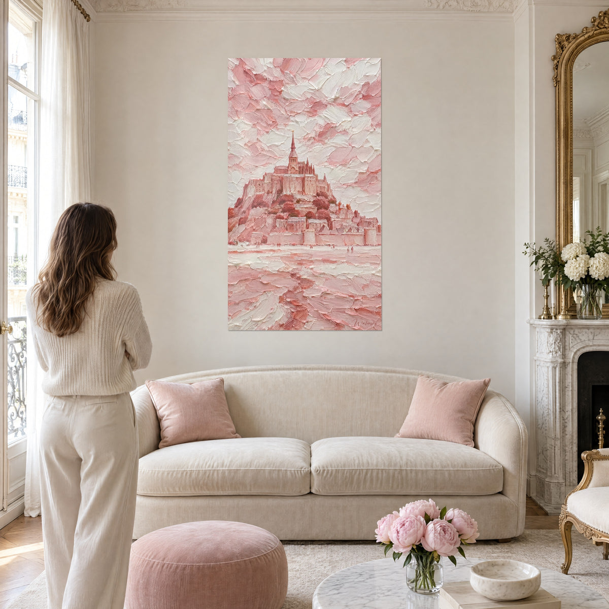 Schilderij abdij in dik aangebrachte verf van poederroze en crèmewit, gouden torenspits, vrouw van achteren, boven een bank in een lichte woonkamer
