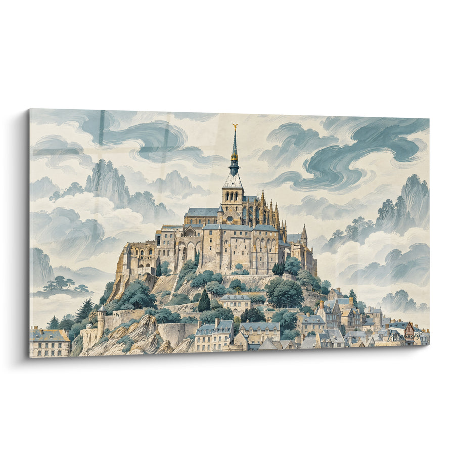 Schilderij Abdij op een uitkijkpunt in blauw- en oker tinten - Hemels waakzaam - Editie Mont-Saint-Michel Normandische regio Frankrijk