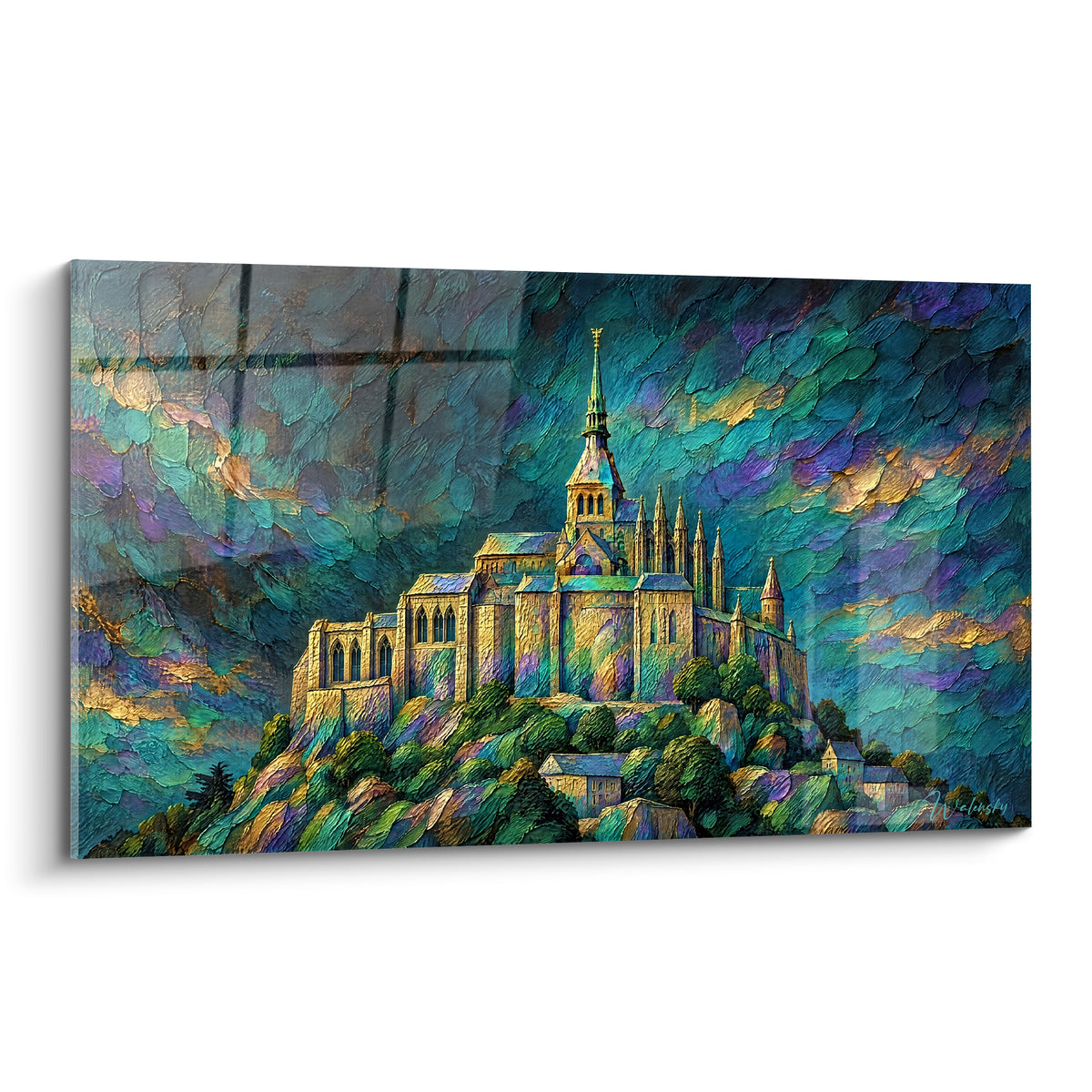 Schilderij gouden abdij van Mont-Saint-Michel die oprijst onder een stormachtige turquoise en paarse lucht