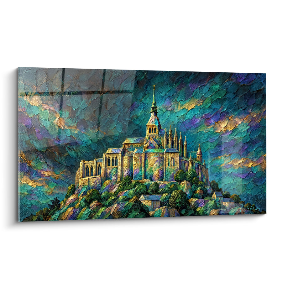 Tableau Abbaye dorée aux nuages turquoise et violets épais - Flèche sur la colline verdoyante - Edition Le Mont-Saint-Michel  Normandie  France