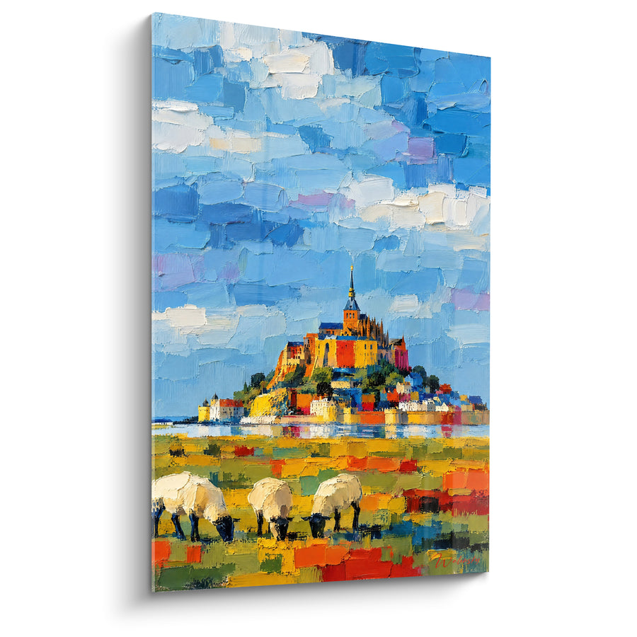 Painting Abbey of Gold Sheep with Blue Sky - Pasture under the abbey - The Mont-Saint-Michel Normandy France Edition