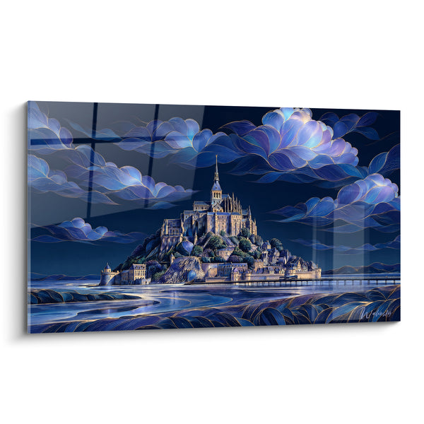 Tableau Abbaye dorée bleu nuit aux nuages tressés - Passerelle vers l'îlot - Edition Le Mont-Saint-Michel  Normandie  France