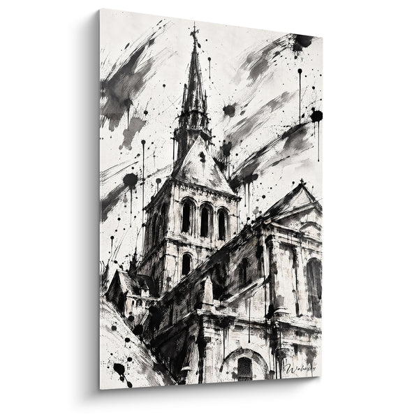 Tableau Abbaye gothique noir et blanc éclaboussée d'encre - Tempête d'encre sacrée - Edition Le Mont-Saint-Michel  Normandie  France