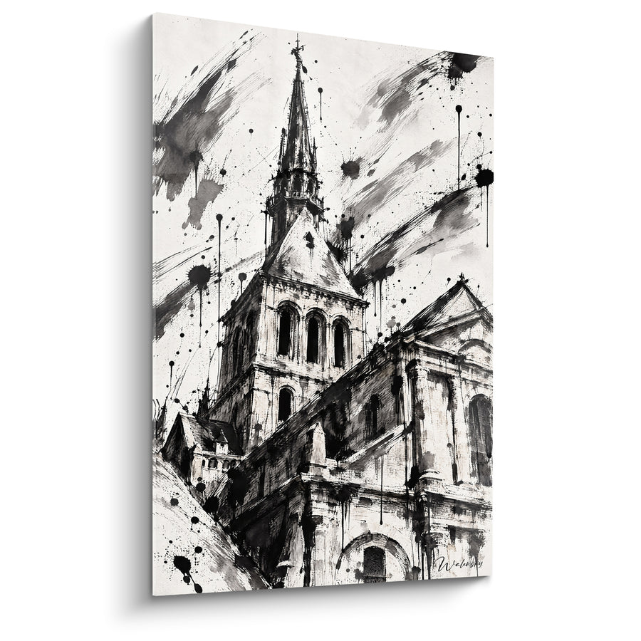 Tableau Abbaye gothique noir et blanc éclaboussée d'encre - Tempête d'encre sacrée - Edition Le Mont-Saint-Michel  Normandie  France