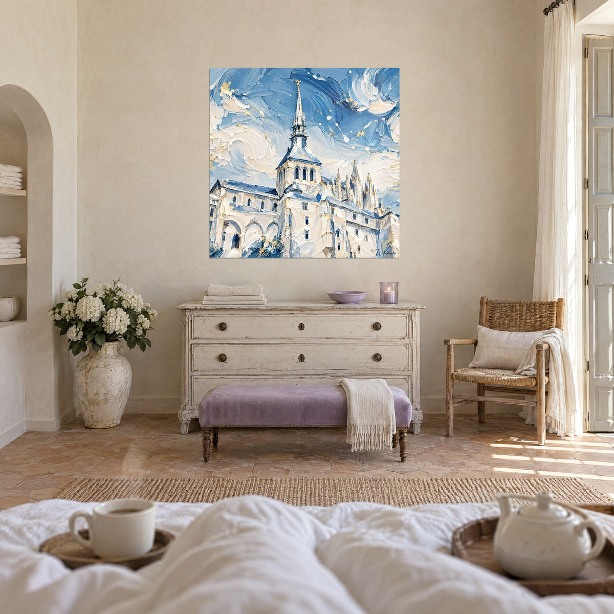 Wall art Norman monastery with golden pinnacles, blue and cream white clouds, above a bed in a bright bedroom